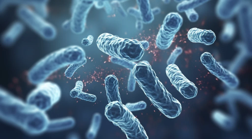 Bakteria Legionella pneumophila pod mikroskopem — zagrożenie mikrobiologiczne w instalacjach wody (ilustracja wygenerowana z pomocą AI)