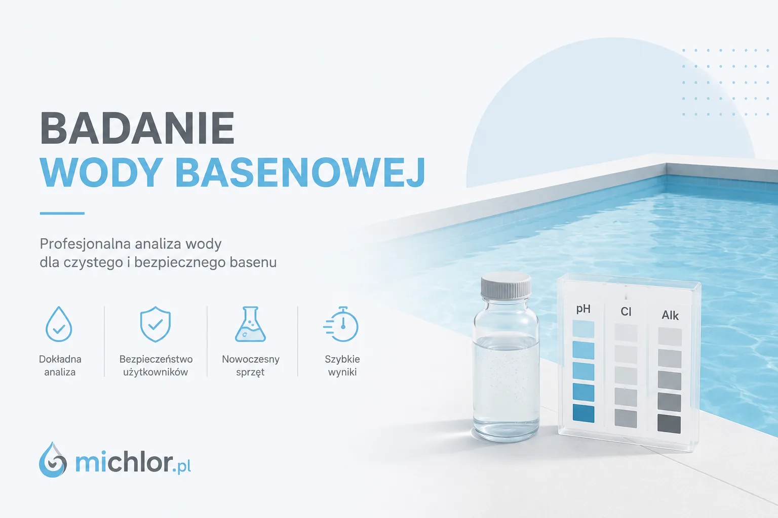 Badanie wody basenowej MICHLOR, profesjonalna analiza wody dla czystego i bezpiecznego basenu, próbka wody i tester pH, chloru oraz zasadowości (ilustracja wygenerowana z pomocą AI)