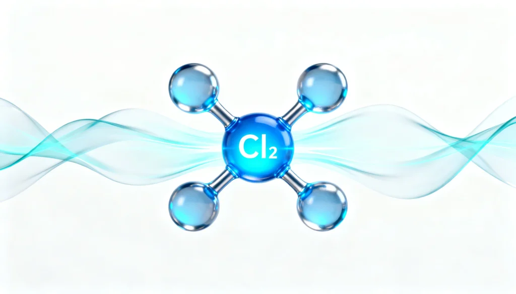 Chlorowanie instalacji wodnej — kwas podchlorawy HOCl niszczy mikroorganizmy i biofilm w rurociągach (ilustracja wygenerowana z pomocą AI)