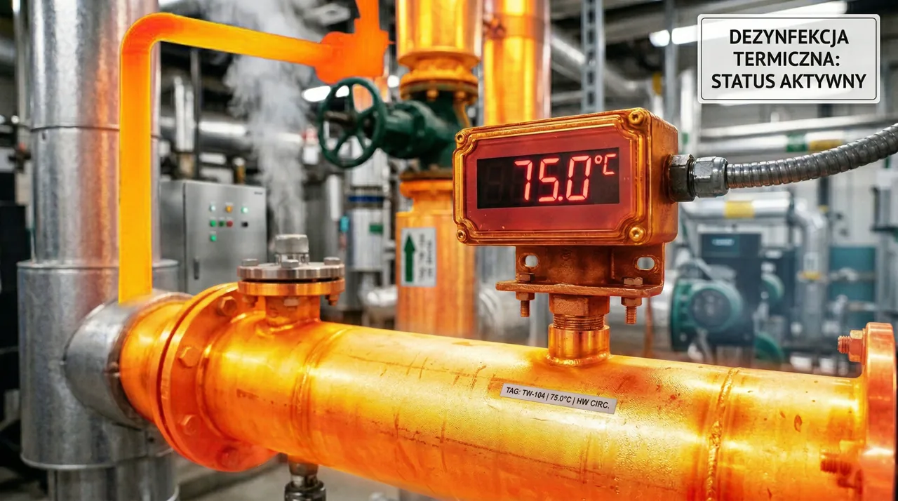 Dezynfekcja termiczna Legionella — podgrzewanie instalacji wody ciepłej do temperatury ≥75°C