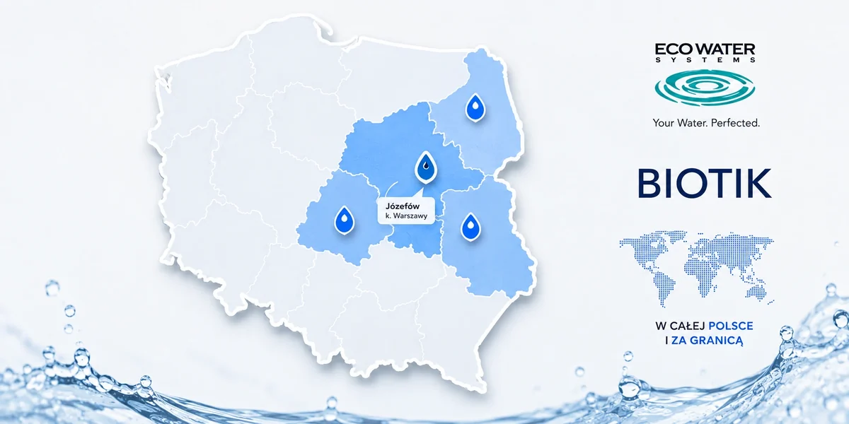 MICHLOR service area map: head office in Józefów near Warsaw, coverage of the Mazovia, Łódź, Podlasie and Lublin provinces, BIOTIK deployments throughout Poland and abroad