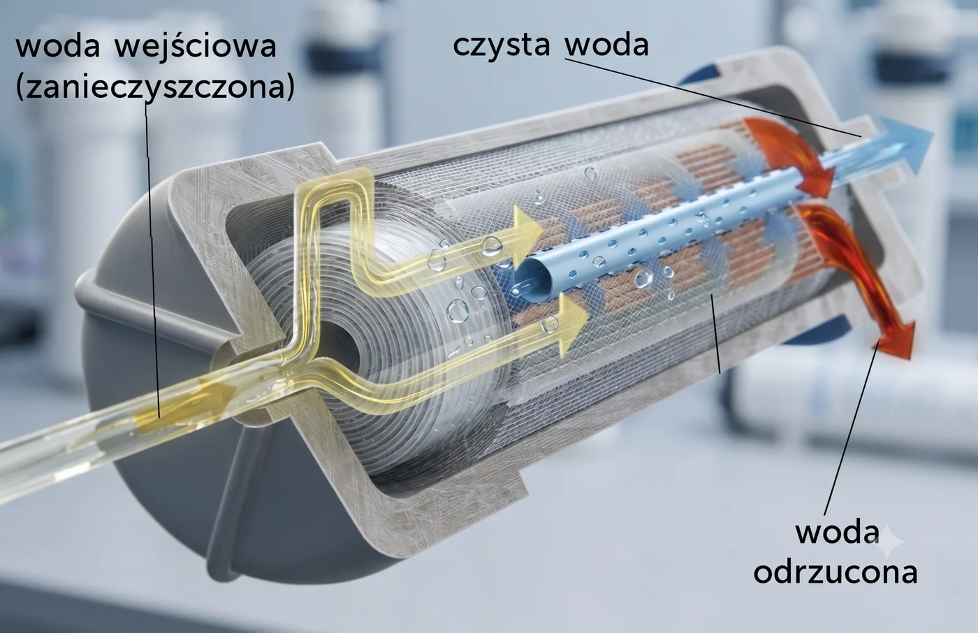 Przekrój membrany odwróconej osmozy z opisem przepływów: woda wejściowa (zanieczyszczona), czysta woda i woda odrzucona (ilustracja wygenerowana z pomocą AI)