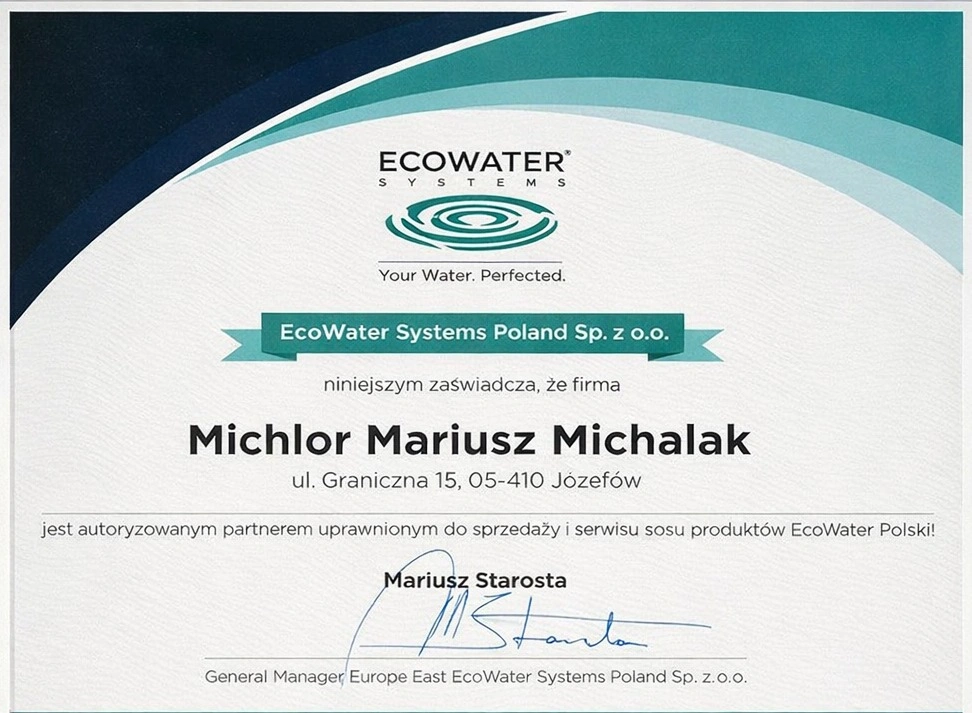 Zaświadczenie autoryzacji EcoWater Systems — MICHLOR autoryzowany partner
